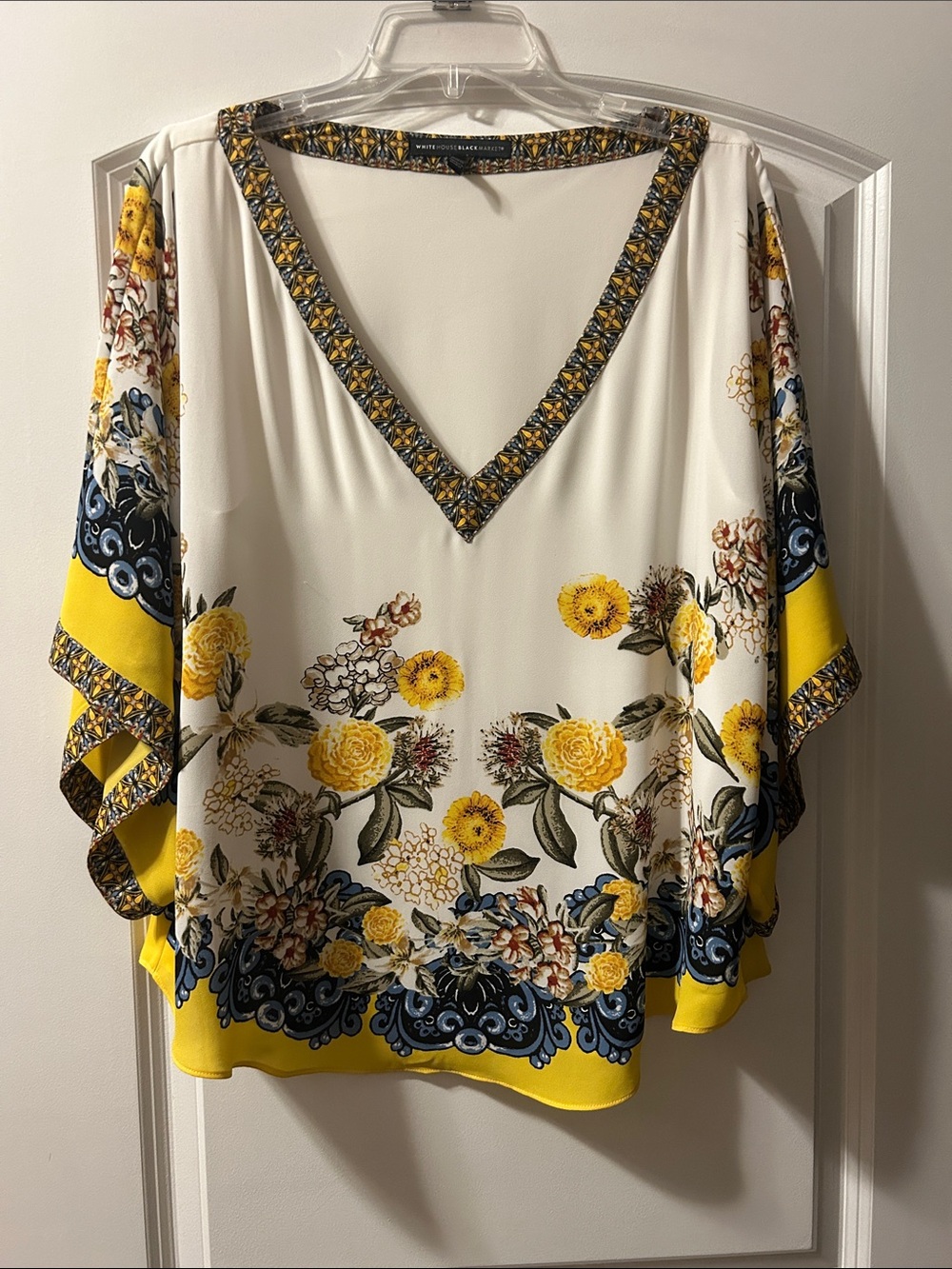 White House Black Market Cream V-Neck Floral Tunic with Yellow and Navy Accents